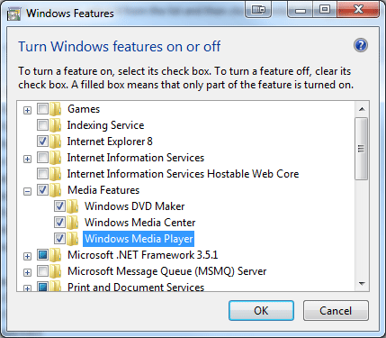 Windows 7 Turn Features On or Off